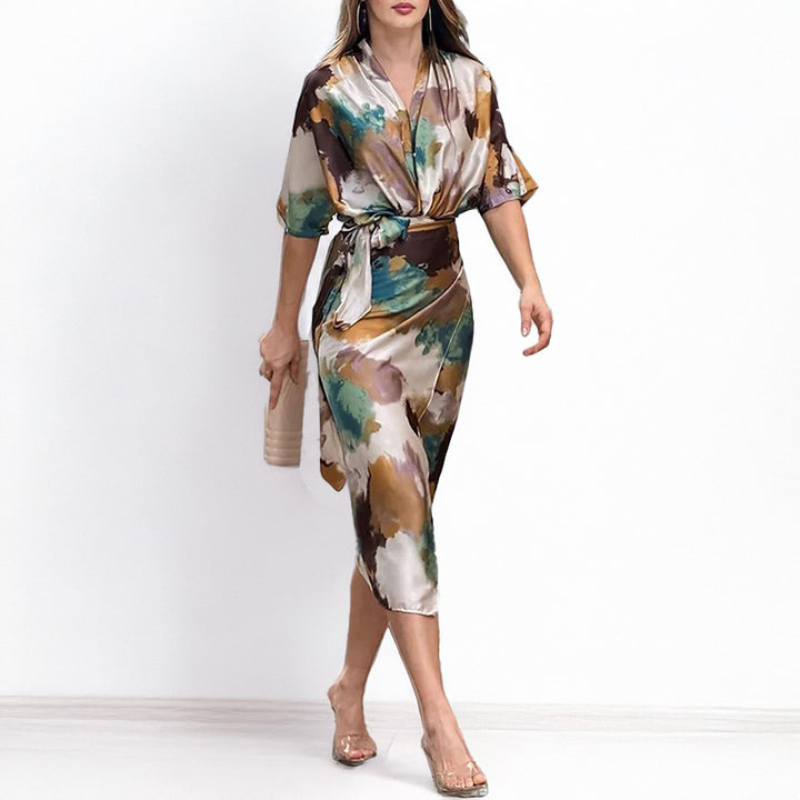 Printed V-neck lace up waist slimming dress
