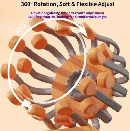 Close-up of Octopus Head Massager showing 360° rotation feature for flexible adjustment and comfort.