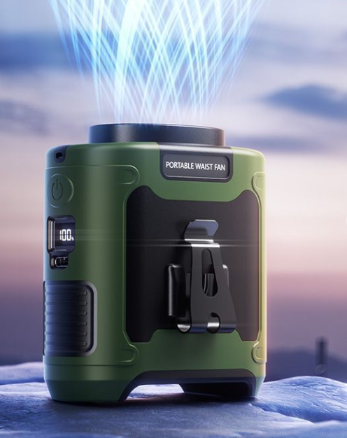 Portable waist fan in green design, compact and hands-free, ideal for outdoor use and personal cooling.