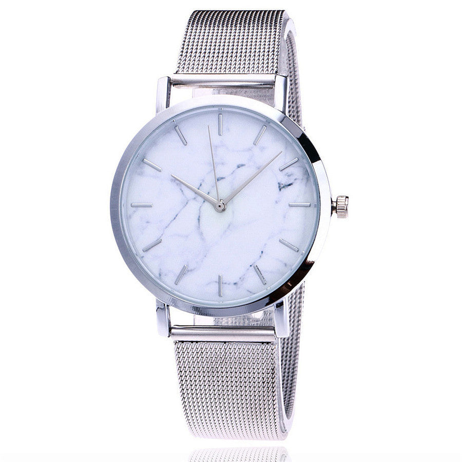 Silver and Gold Mesh Band Marble Wristwatch