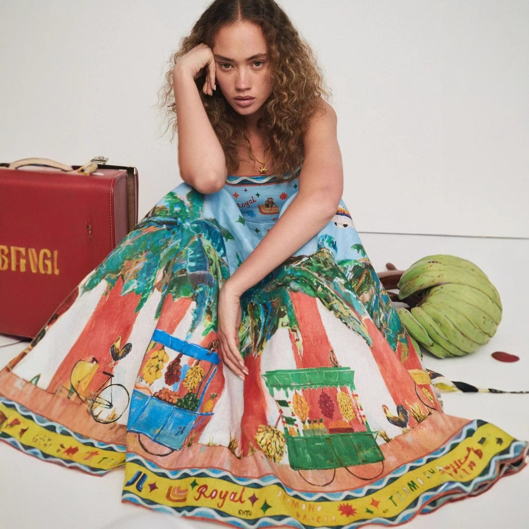 Sexy camisole graffiti cotton and linen print big swing dress for women