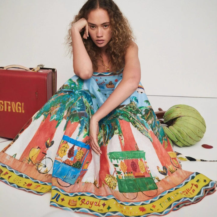 Sexy camisole graffiti cotton and linen print big swing dress for women