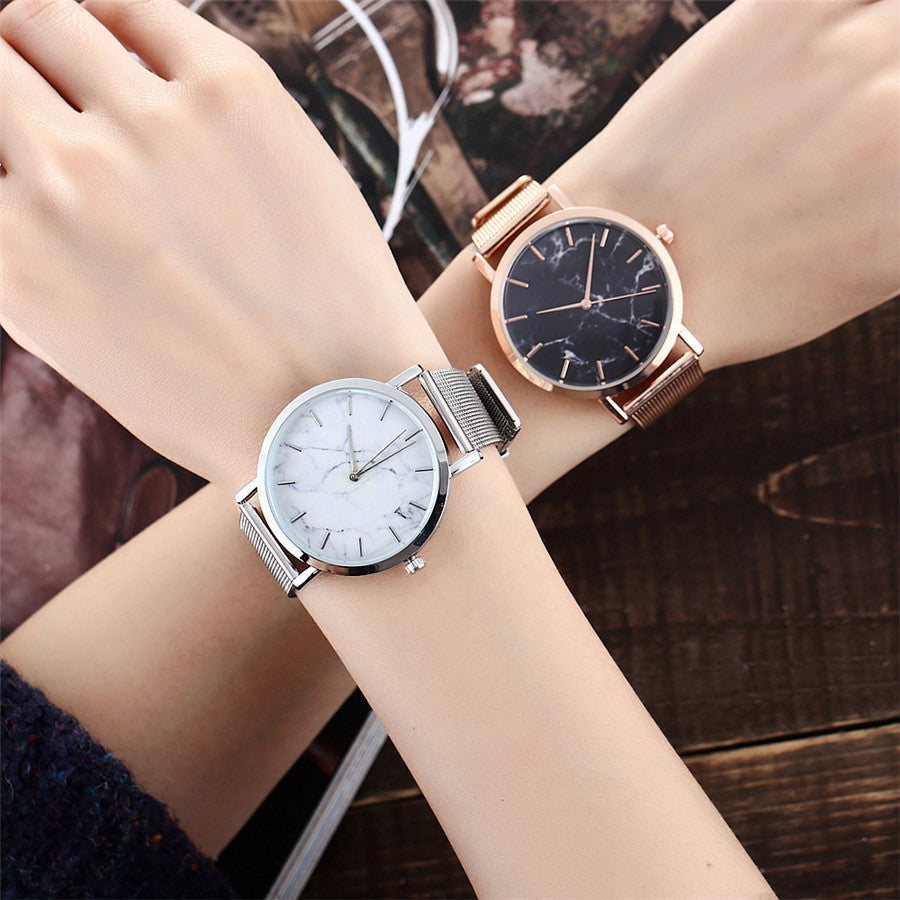 Silver and Gold Mesh Band Marble Wristwatch
