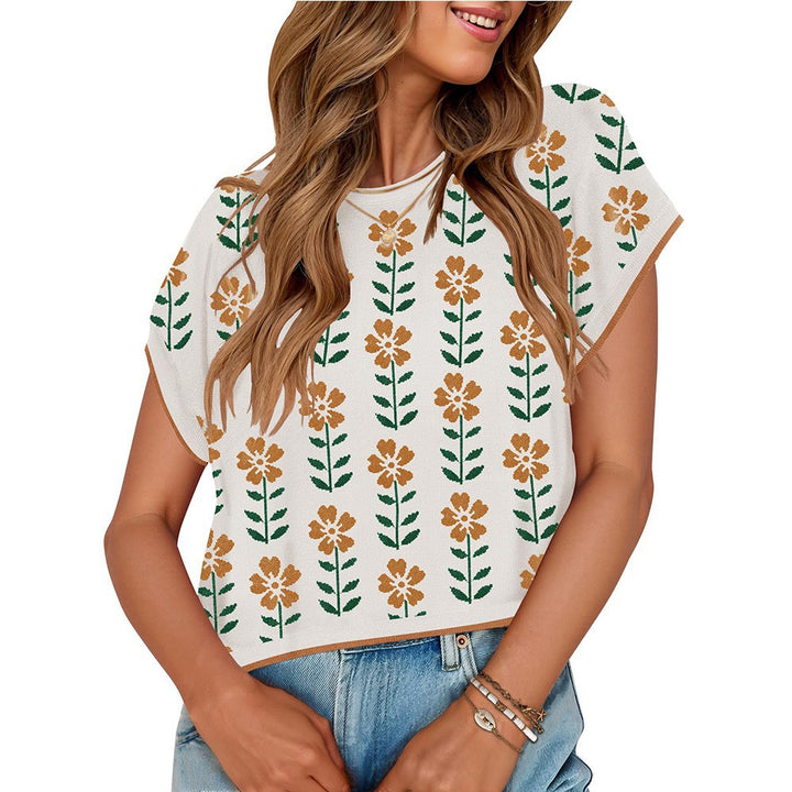 European and American round neck knitted small flower top