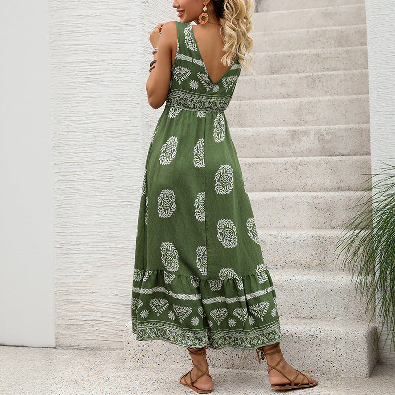 Holiday style printed dress green ethnic style casual V-neck high waisted long skirt for women