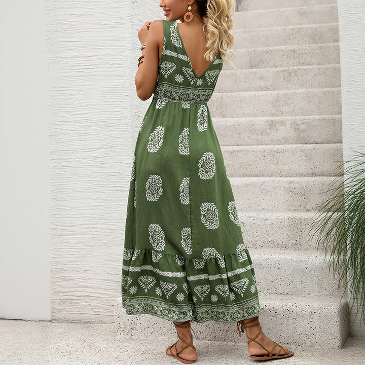 Holiday style printed dress green ethnic style casual V-neck high waisted long skirt for women