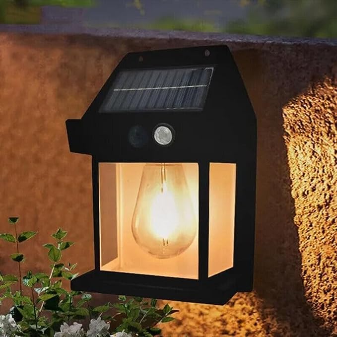 Outdoor waterproof solar wall lamp illuminating a garden wall with a soft glow.