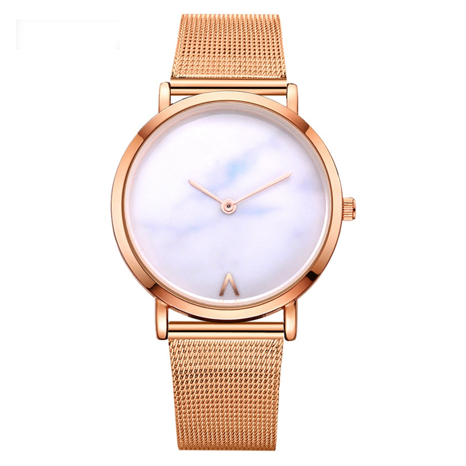 Silver and Gold Mesh Band Marble Wristwatch