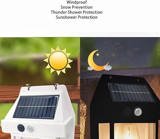 Outdoor solar wall lamp features windproof, snow prevention, thunder shower, and sun shower protection.