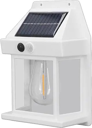 Outdoor waterproof solar wall lamp with transparent panels and solar panel on top.