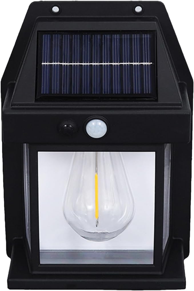 Outdoor waterproof solar wall lamp with motion sensor, stylish design and eco-friendly LED bulb.
