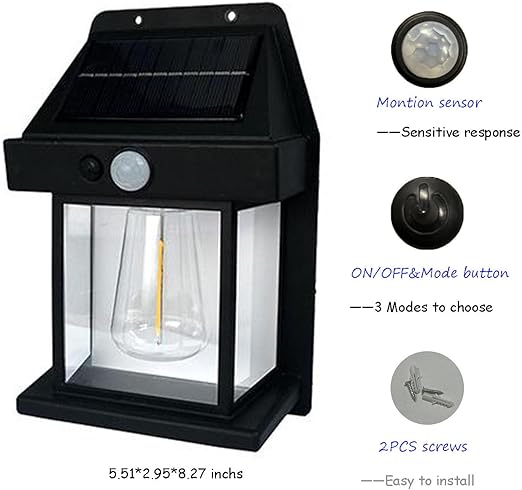 Outdoor waterproof solar wall lamp with motion sensor and easy installation features.