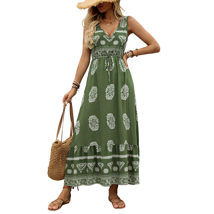 Holiday style printed dress green ethnic style casual V-neck high waisted long skirt for women