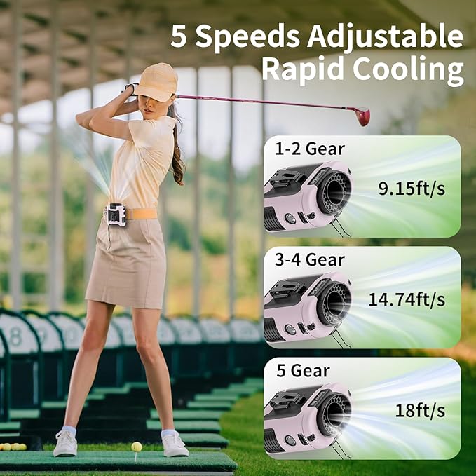 Woman golfing with a hands-free fan showing adjustable speeds: 1-2 Gear, 3-4 Gear, and 5 Gear for cooling.