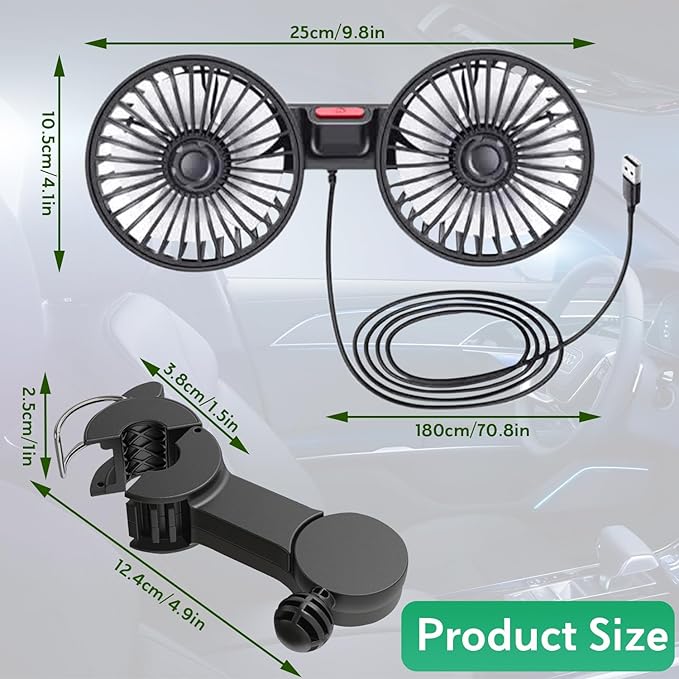 Adjustable car backseat fan with size dimensions for optimal fit and comfort during travel.