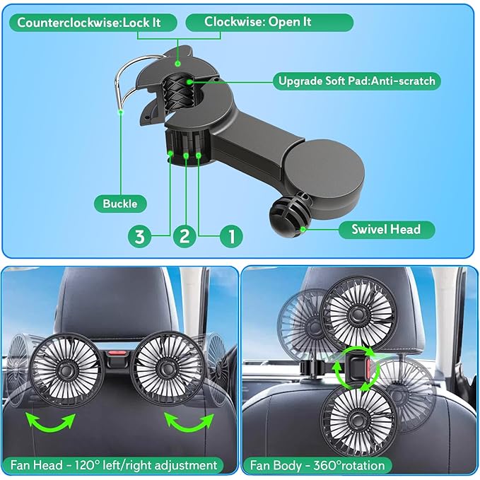 Adjustable car backseat fan setup showing swivel head and buckle for easy installation and airflow adjustment.