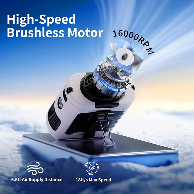 High-speed brushless motor illustration, showcasing 16000RPM and efficient air supply for optimal cooling performance.