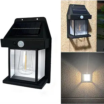 Outdoor waterproof solar wall lamp, eco-friendly light, showcasing night illumination and solar panel.