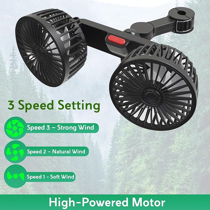 Adjustable car backseat fan with three speed settings: strong wind, natural wind, and soft wind for comfortable rides.