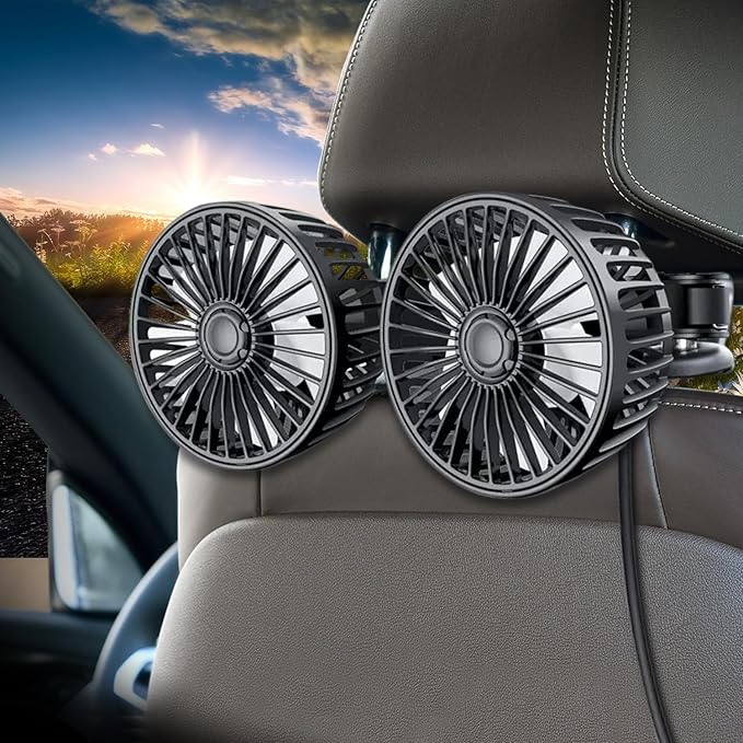 Adjustable car backseat fan providing cool air for passengers, mounted on a car seat headrest.