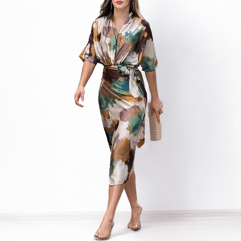 Printed V-neck lace up waist slimming dress