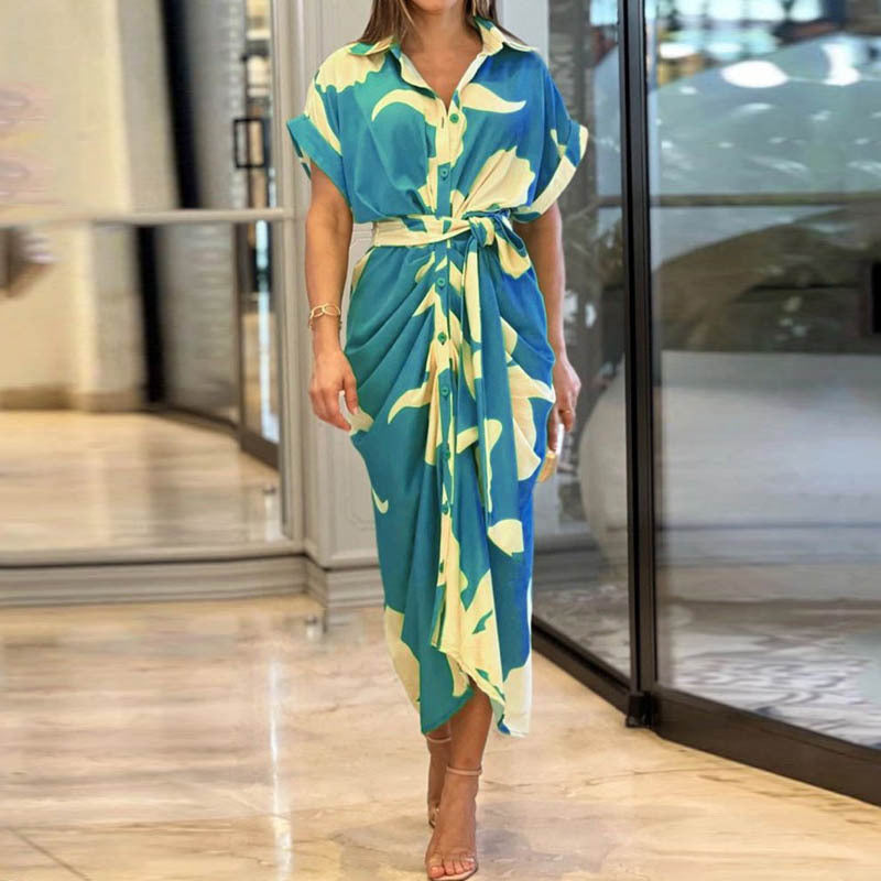 Collar mid length short sleeved single breasted high waisted shirt dress