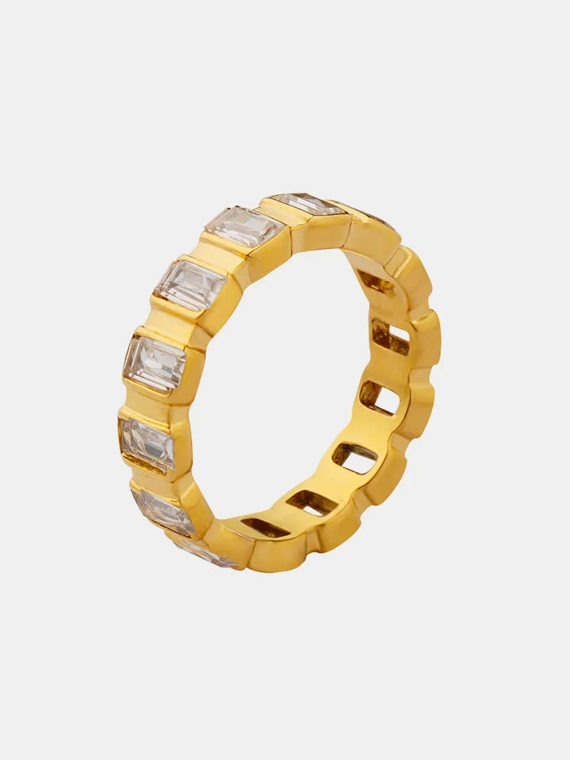 Gold titanium steel ring with rhinestones, featuring a premium inlaid design, ideal for casual and formal occasions.