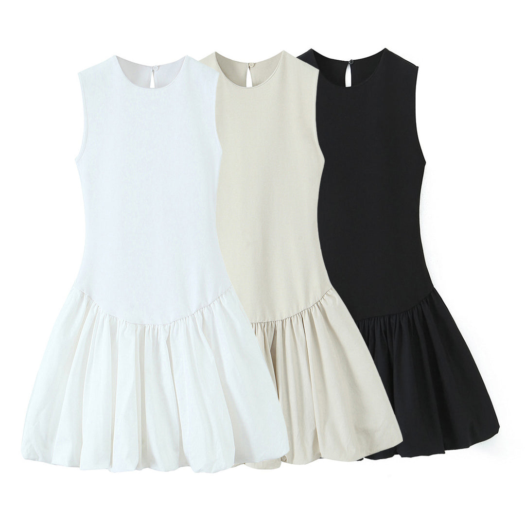 Fashionable slim fit double-sided fabric patchwork round neck dress for women