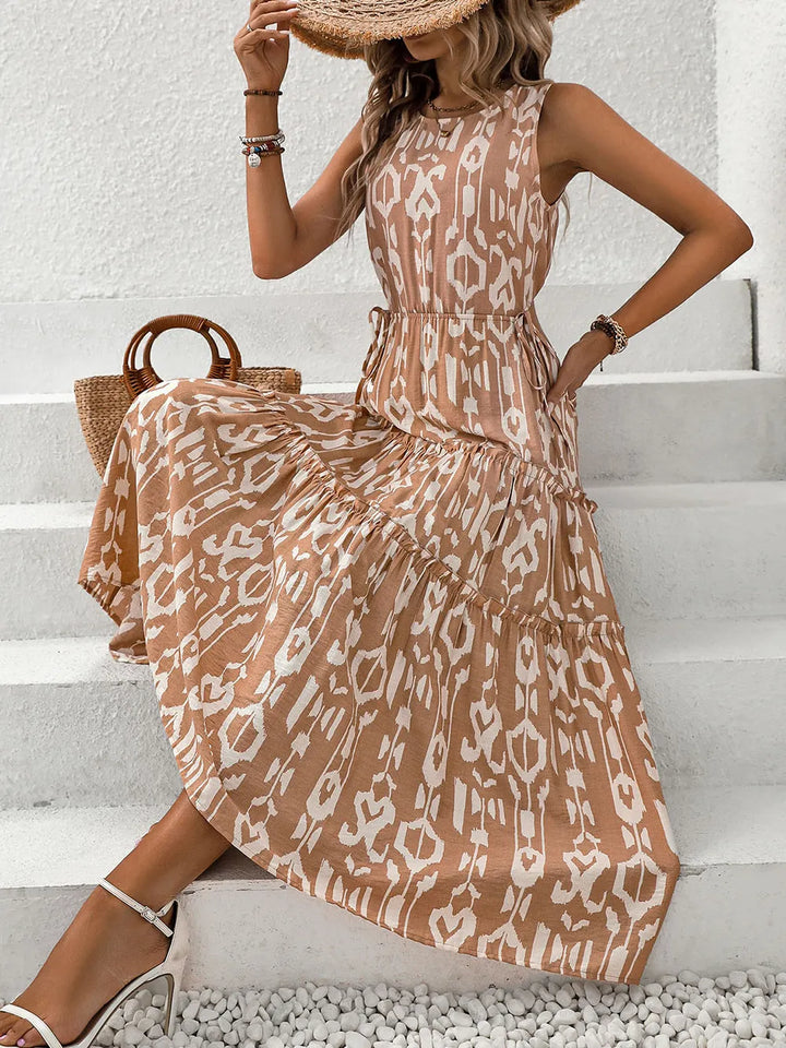 Minimally casual vacation style sleeveless abstract geometric printed dress