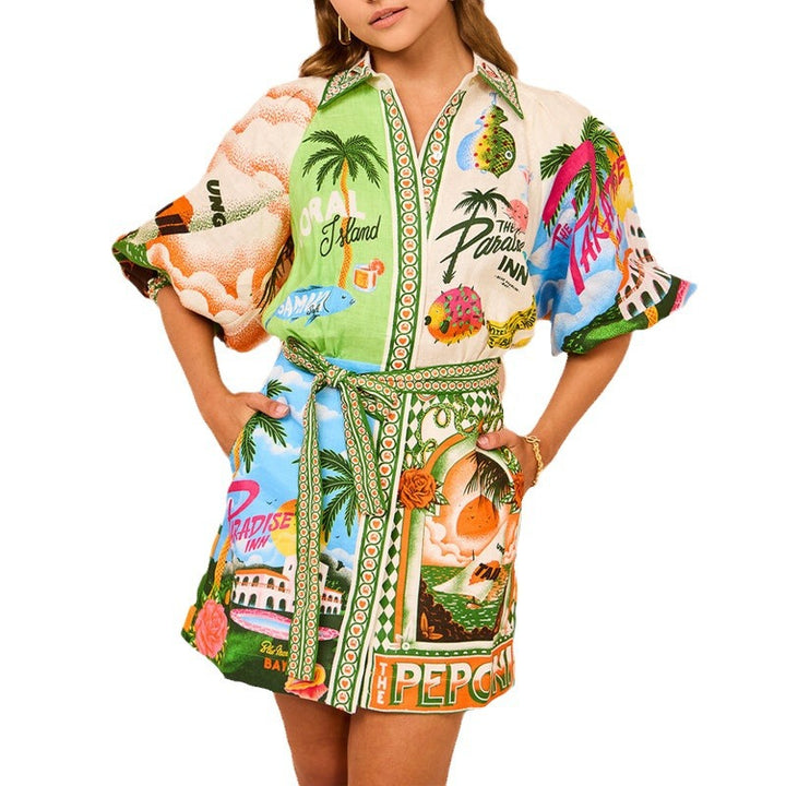 Printed lace up cardigan temperament short dress for women