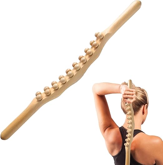 Wooden massage stick with a person using it on a white background