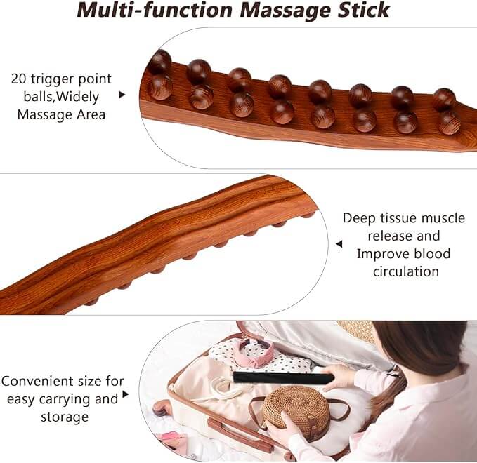 Multi-function massage stick with a wooden handle and massage beads with text describing its features.