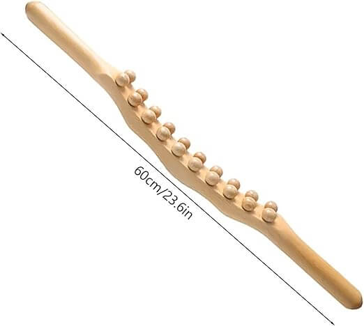 Wooden massage stick with measurement details on a white background