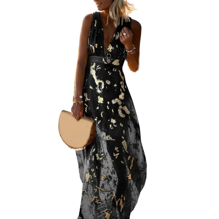 Woman wearing a Black Beach Party Dress holding a beige handbag on a white background