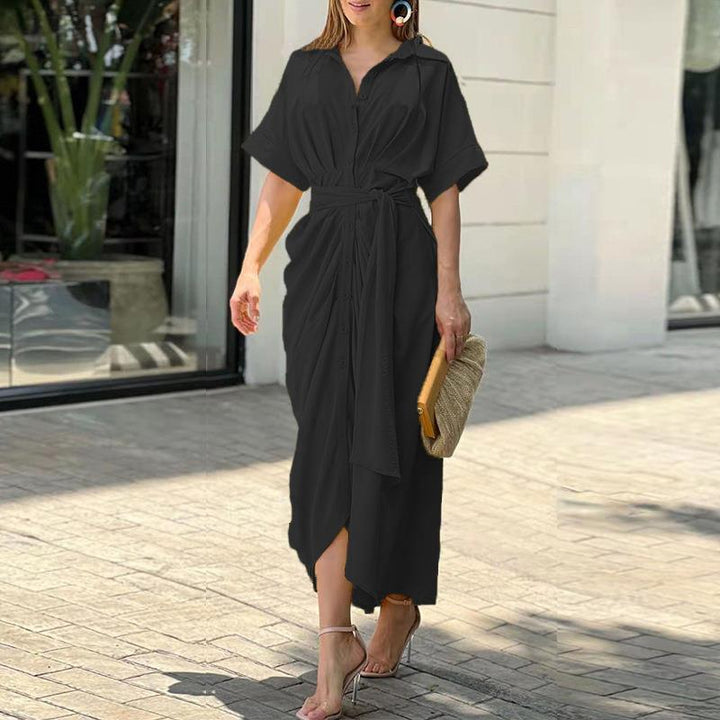 Collar mid length short sleeved single breasted high waisted shirt dress