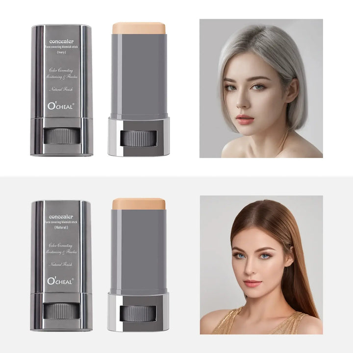 Two O'Ceallach concealer sticks with a close-up of a woman's face on a white background.