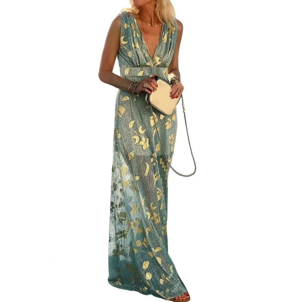 Woman wearing a Cyan Beach Party Dress holding a beige clutch on a white background