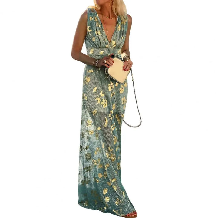 Woman wearing a Cyan Beach Party Dress holding a beige clutch on a white background