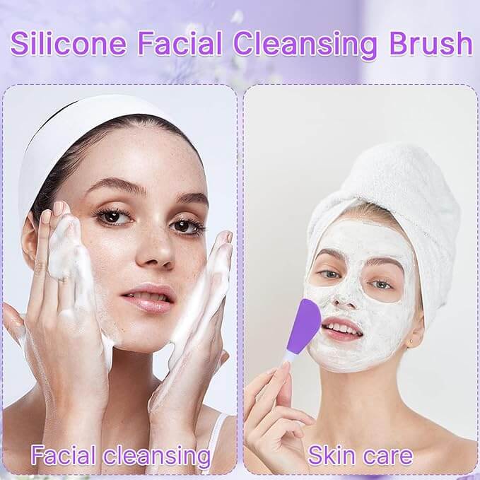 Silicone Facial Cleansing Brush with two uses shown: facial cleansing and skin care.