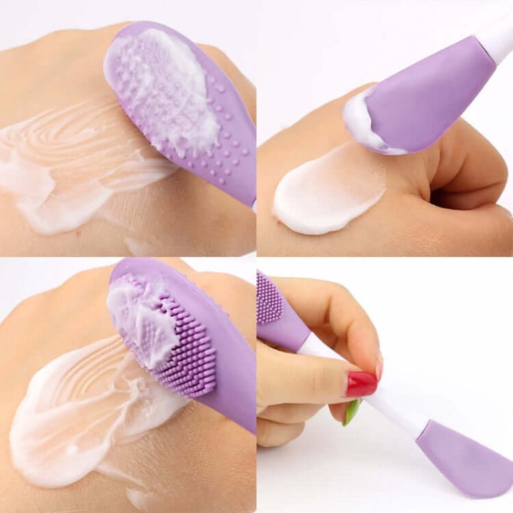 A double-headed silicone face brush being used on skin with cream in different ways.