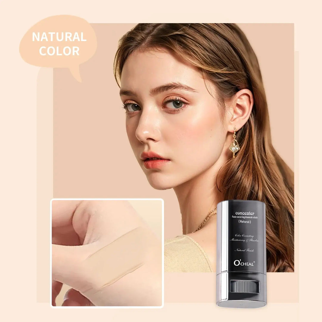 Woman with makeup and O'Celeal product on a beige background