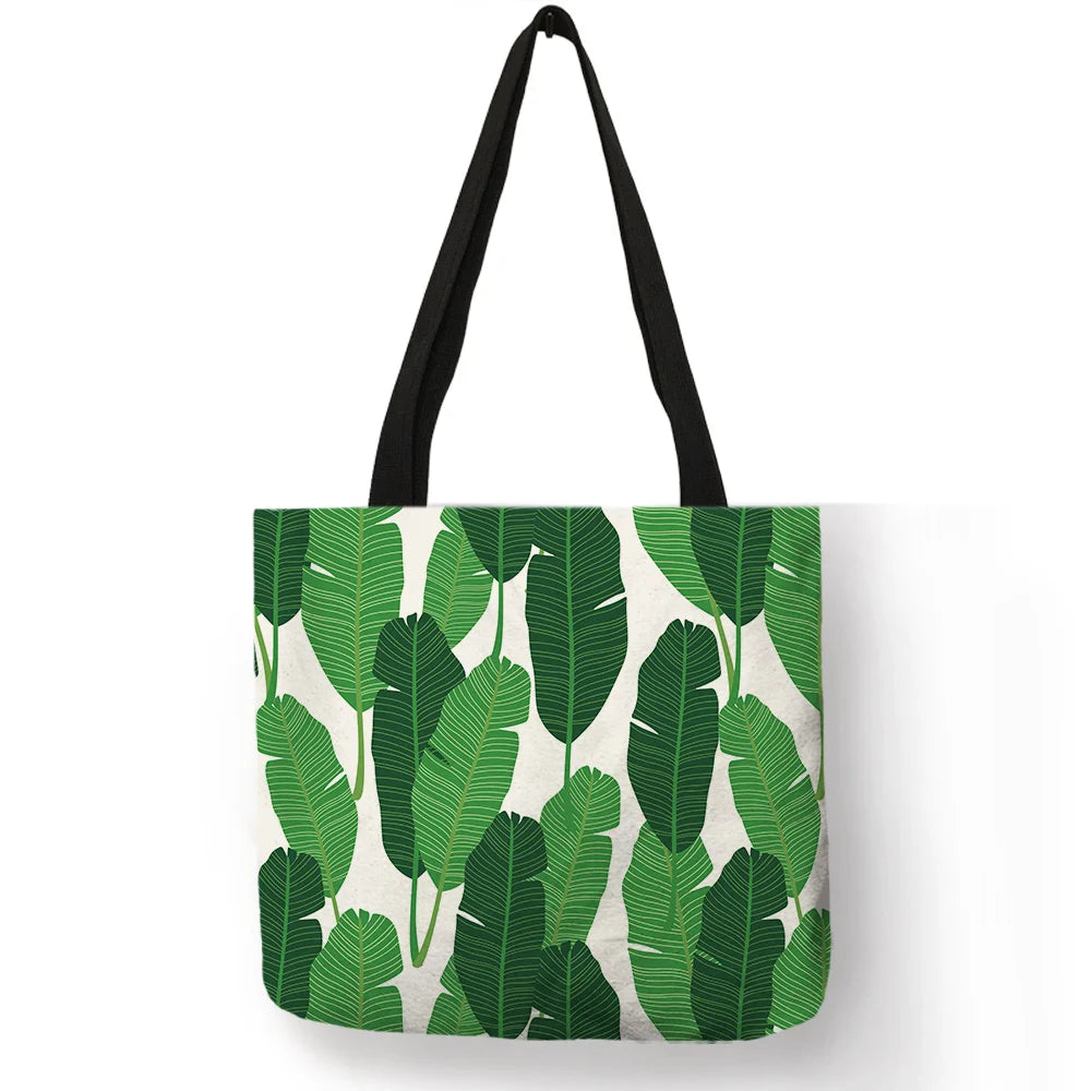 Super Fresh Style Women Lady Casual Shoulder Bag Tropical Green Plant Leaf Painting Handbag Daily Easy Carry Folding Linen Totes