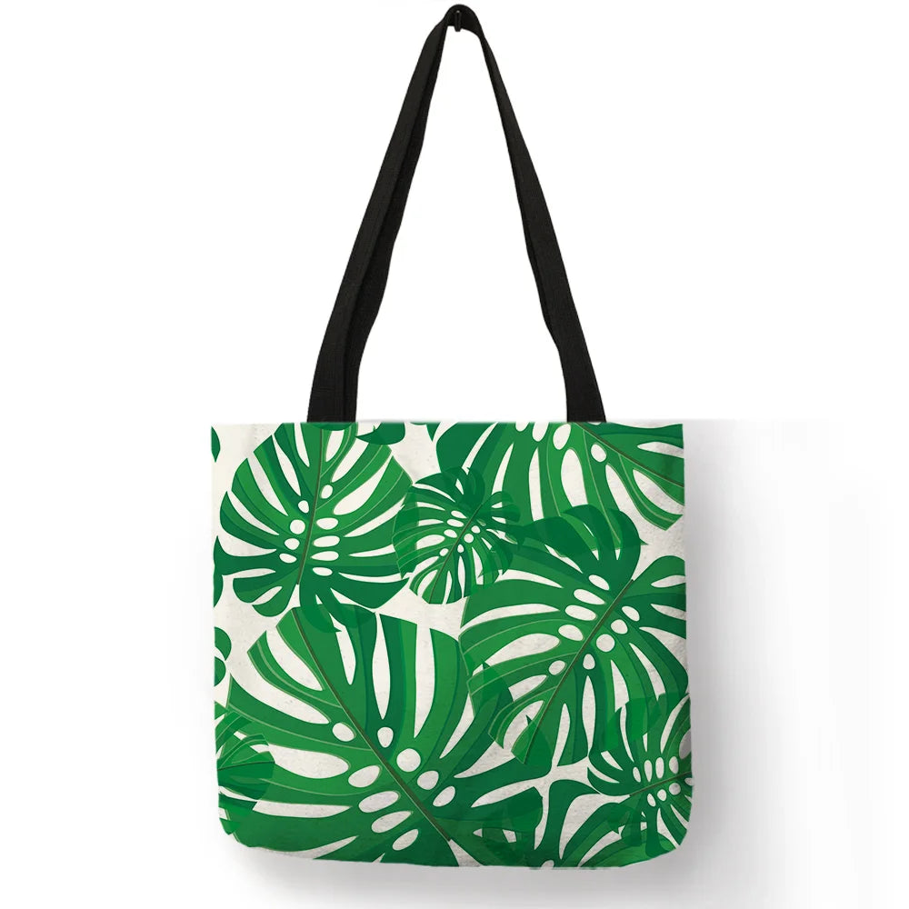 Super Fresh Style Women Lady Casual Shoulder Bag Tropical Green Plant Leaf Painting Handbag Daily Easy Carry Folding Linen Totes