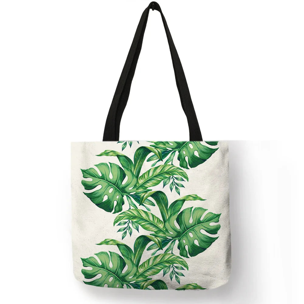 Super Fresh Style Women Lady Casual Shoulder Bag Tropical Green Plant Leaf Painting Handbag Daily Easy Carry Folding Linen Totes