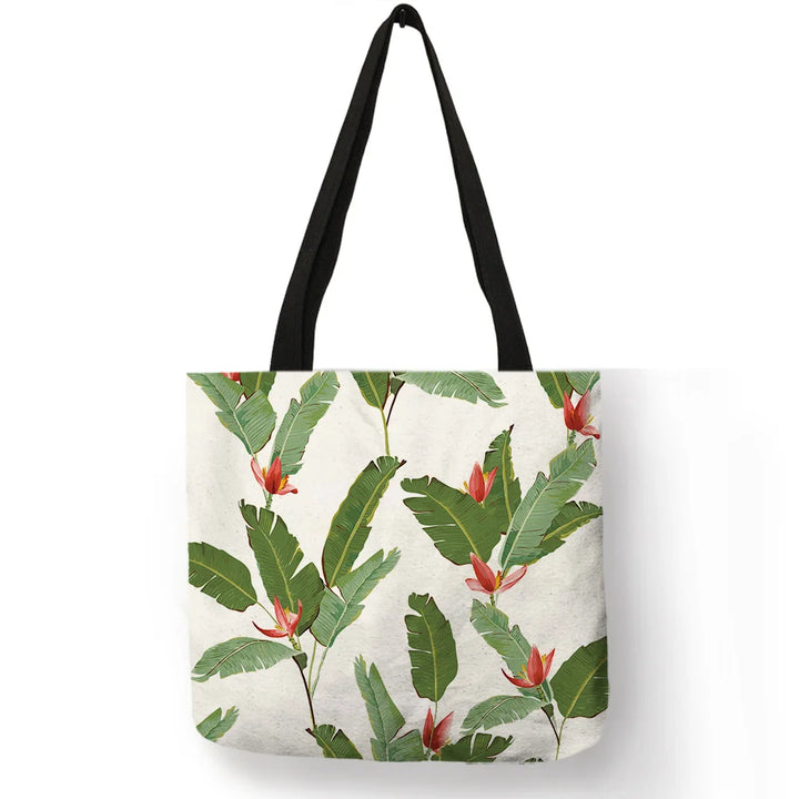 Super Fresh Style Women Lady Casual Shoulder Bag Tropical Green Plant Leaf Painting Handbag Daily Easy Carry Folding Linen Totes