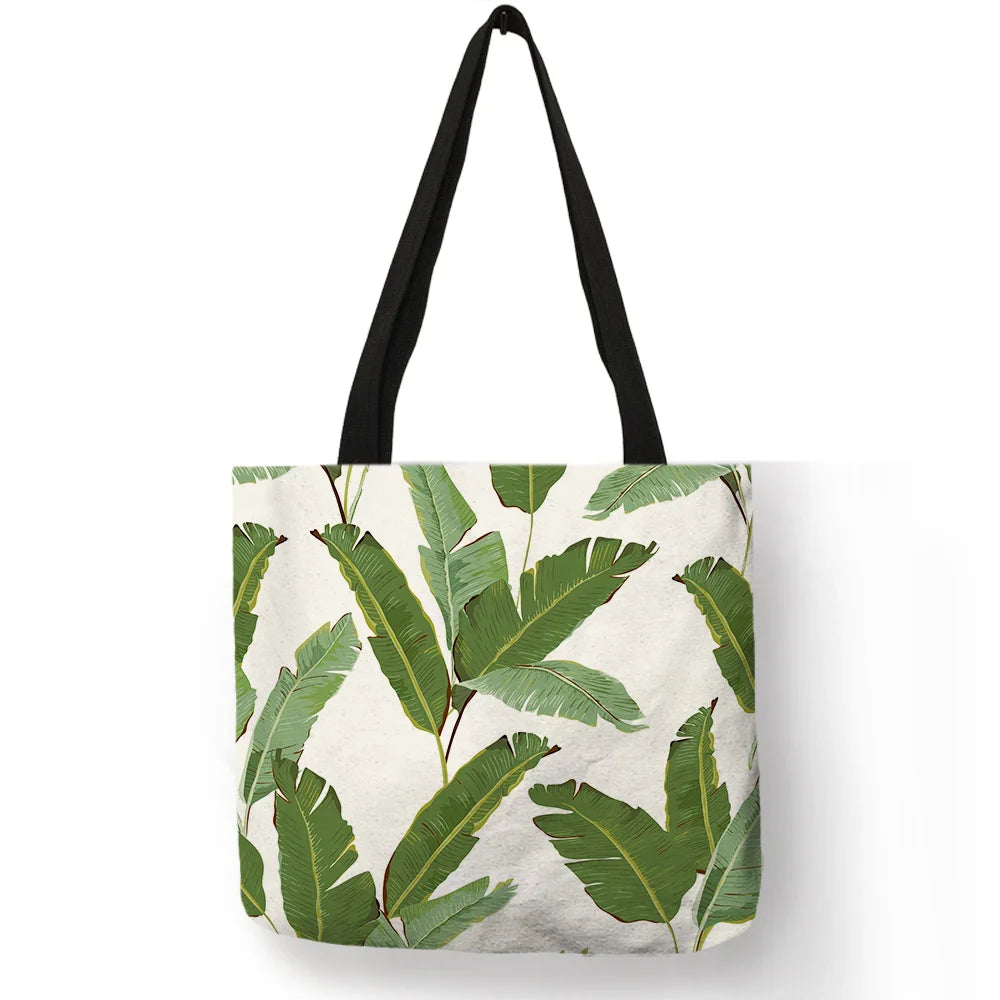 Super Fresh Style Women Lady Casual Shoulder Bag Tropical Green Plant Leaf Painting Handbag Daily Easy Carry Folding Linen Totes