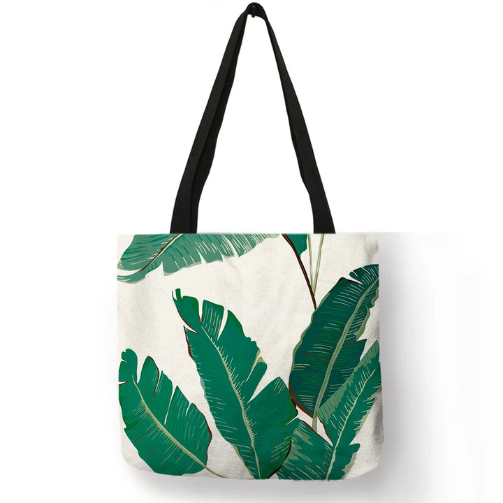 Super Fresh Style Women Lady Casual Shoulder Bag Tropical Green Plant Leaf Painting Handbag Daily Easy Carry Folding Linen Totes