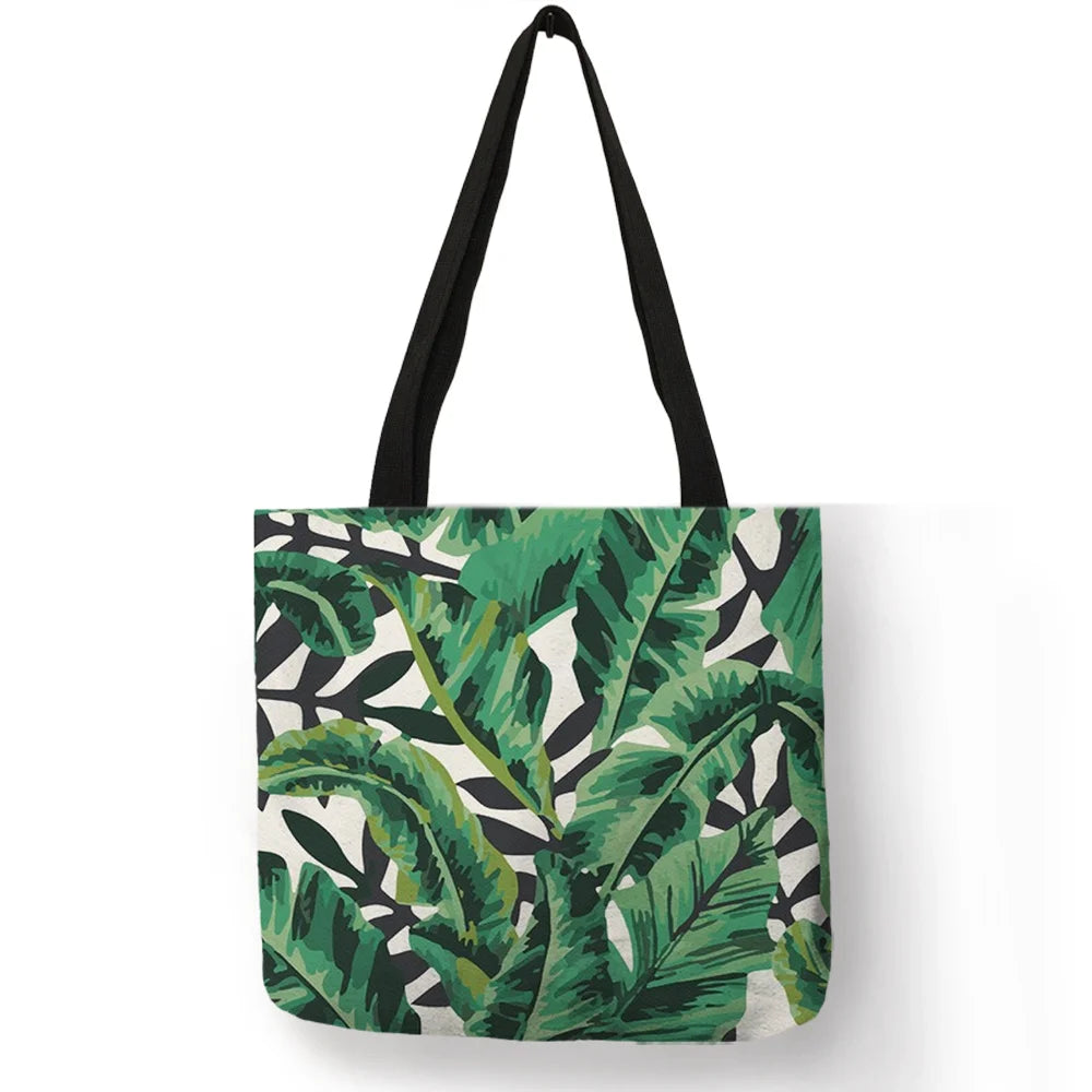 Super Fresh Style Women Lady Casual Shoulder Bag Tropical Green Plant Leaf Painting Handbag Daily Easy Carry Folding Linen Totes