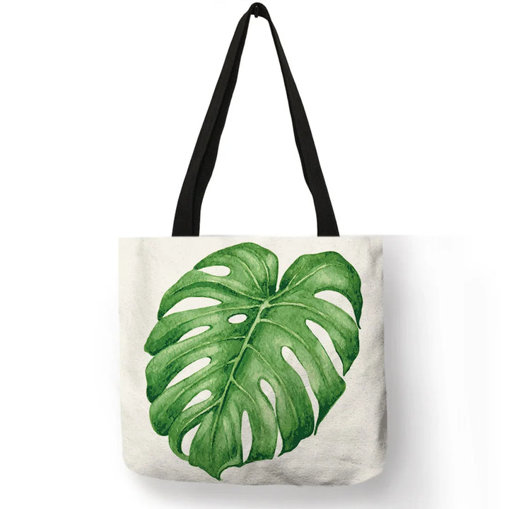 Super Fresh Style Women Lady Casual Shoulder Bag Tropical Green Plant Leaf Painting Handbag Daily Easy Carry Folding Linen Totes
