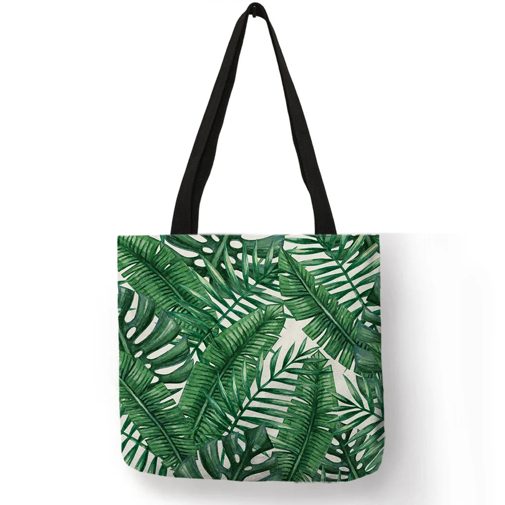 Super Fresh Style Women Lady Casual Shoulder Bag Tropical Green Plant Leaf Painting Handbag Daily Easy Carry Folding Linen Totes